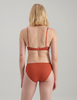back view of brown cotton bra with purple silk insert with matching panties 